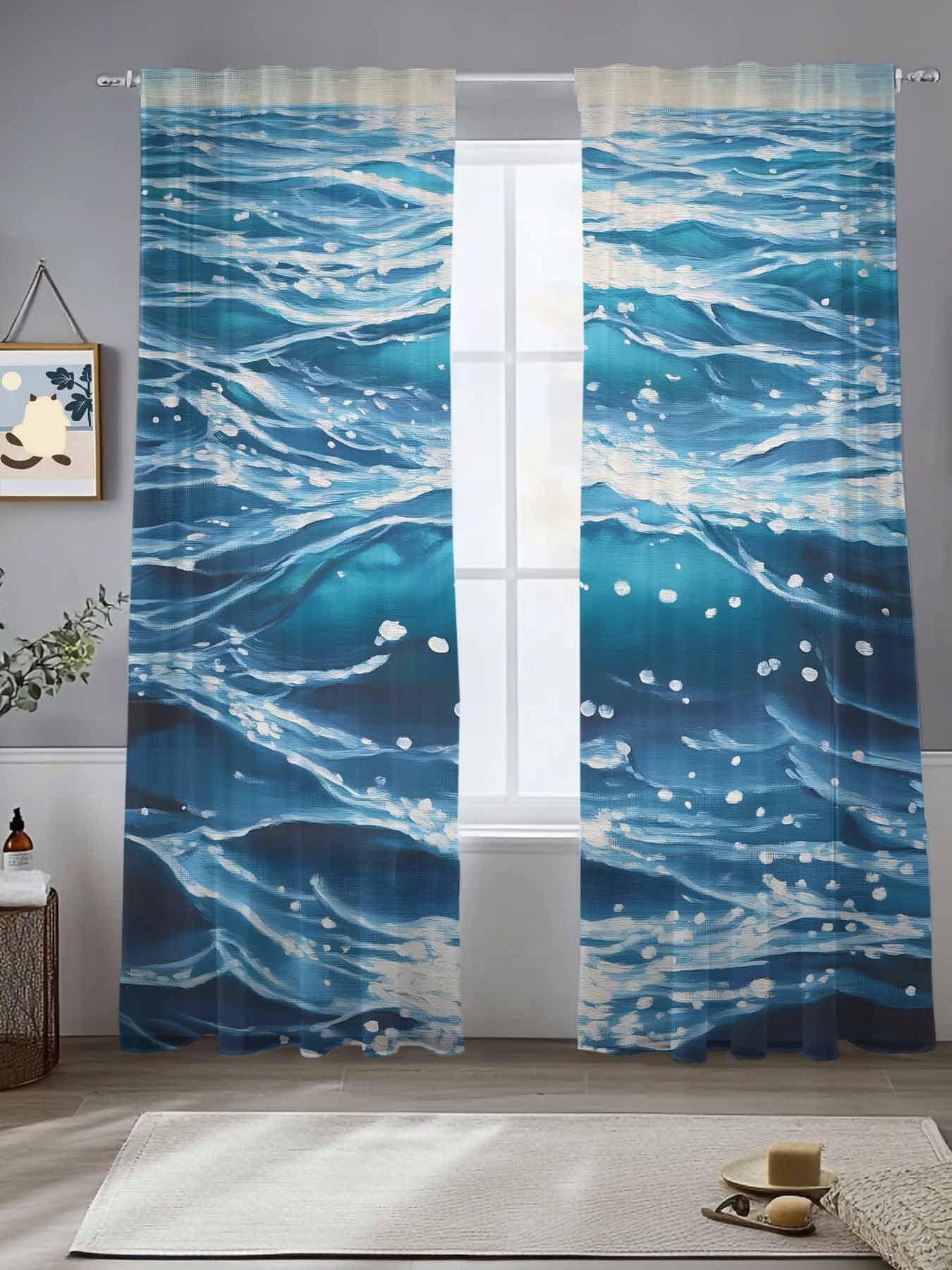 Blue Beach Coastal Sheer Curtains for Living Room Bedroom Watercolor