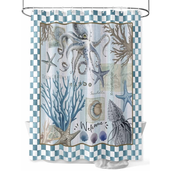 Blue Beach Coastal Shower Curtain Set, Waterproof Shower Curtains for Bathroom, Nautical Seaside Coral Starfish Washable Fabric Cloth Bath Curtain for Bathtub Decoration with Hooks 48x72 Inches