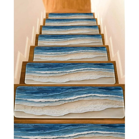 Blue Beach Coastal Stair Treads for Wooden Steps Indoor Runner Rug Carpet, Nautical Seaside Ocean Beige 15 Pieces Peel and Stick Staircase Step Treads Covers Washable Throw Door Mats, 30"x8"