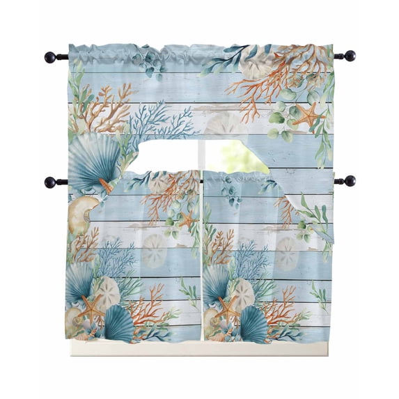 Blue Beach Coastal Swag Kitchen Curtains Sets for Windows 24 Inch Length, Summer Nautical Coral Shell Botanical Vintage Short Window Curtain Swags Valances and Tiers 3 Piece Set for Cafe/Dining Room