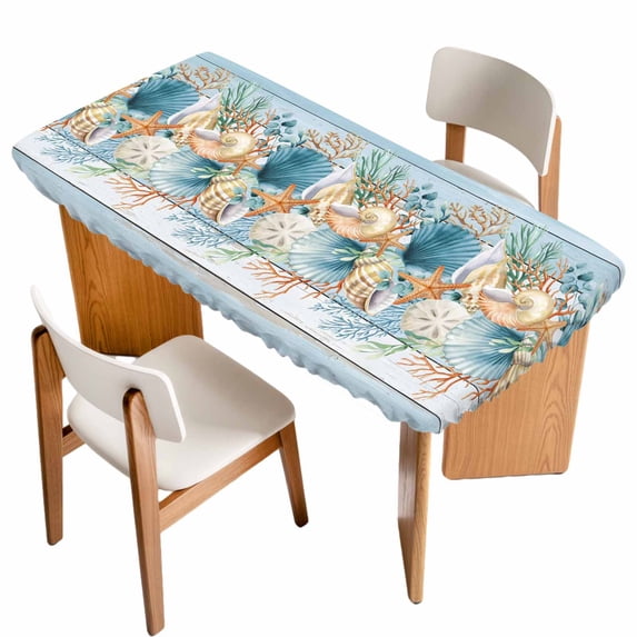 Blue Beach Coastal Table Cloths for 6 Foot Rectangle Tables, Nautical Shell Starfish Coral Summer Patio Waterproof Elastic Fitted Tablecloths, Washable Rectangular Table Cover for Camping