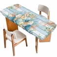 thumbnail image 1 of Blue Beach Coastal Table Cloths for 8 Foot Rectangle Tables, Summer Nautical Coral Shell Botanical Vintage Patio Waterproof Elastic Fitted Tablecloths, Washable Rectangular Table Cover for Camping, 1 of 8