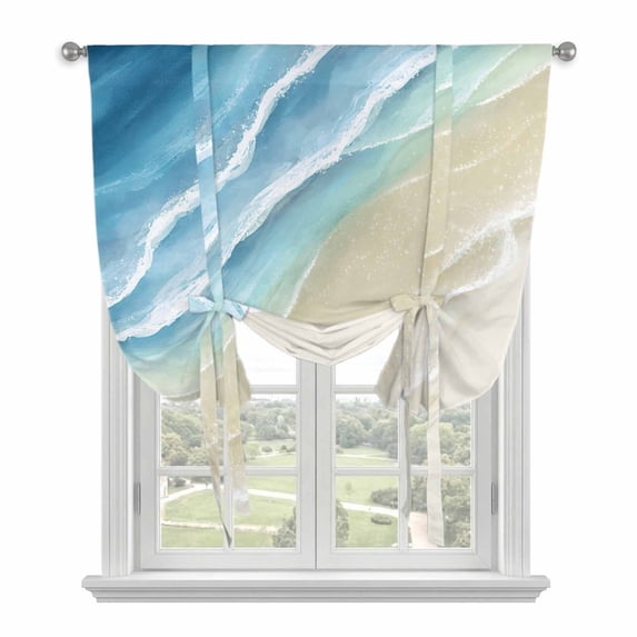 Blue Beach Coastal Tie Up Curtains 45 Inches Long, Kitchen Window Curtains Over Sink, Summer Ocean Nautical Seaside Small Window Curtains Shade Balloon Curtains Valances for Bedroom/Cafe 34"x45"