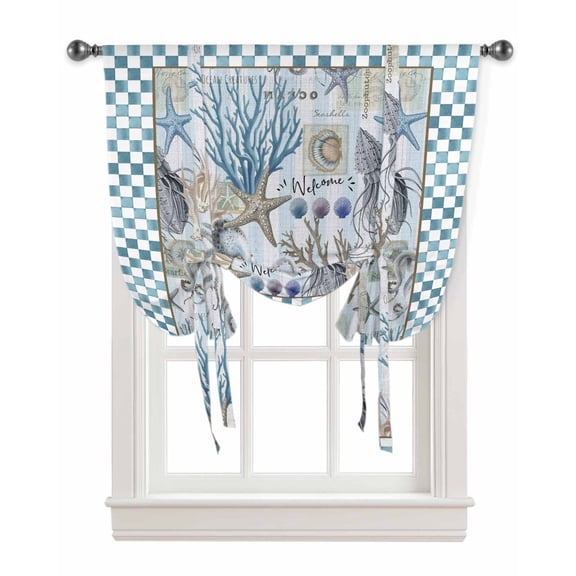 Blue Beach Coastal Tie Up Curtains for Kitchen Bathroom Bedroom Windows 63 Inch Length, Nautical Seaside Coral Starfish Balloon Drape Curtains Shade Rod Pocket Drapery Curtain Panel, 52"x45"