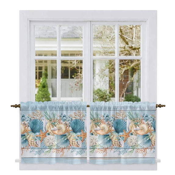 Blue Beach Coastal Tier Curtains 36 Inch Length, Nautical Shell Starfish Coral Summer Cafe Short Curtains for Bathroom Over Sink, Small Kitchen Curtain Light Filtering Drapes 2 Panels 27.5"Wx36"L