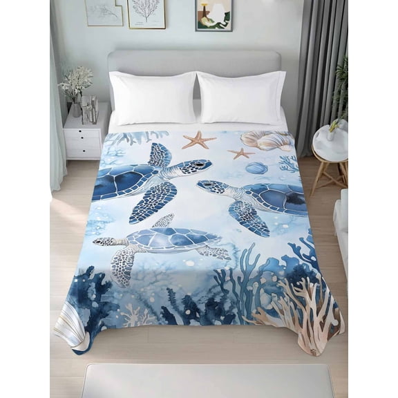 Blue Beach Coastal Twim Size Flat Sheet, Wrinkleproof & Fadeproof Cooling Flat Bed Sheet Only, Coral Nautical Sea Turtle Breathable Soft Bedding Top Sheets 66 x 96 Inches