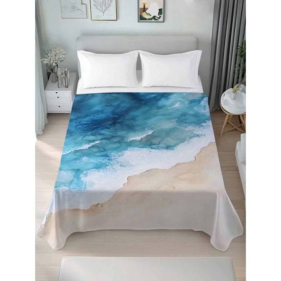 Blue Beach Coastal Twim Size Flat Sheet, Wrinkleproof & Fadeproof Cooling Flat Bed Sheet Only, Summer Ocean Seaside Nautical Breathable Soft Bedding Top Sheets 66 x 96 Inches