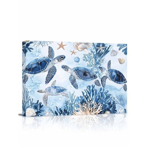 Blue Beach Coastal Wall Art for Living Room, Canvas Picture Wall Decor for Bathroom Bedroom, Coral Nautical Sea Turtle Painting Artwork for Office Kitchen Hallway Dining Room Home Decorations 12"x16"