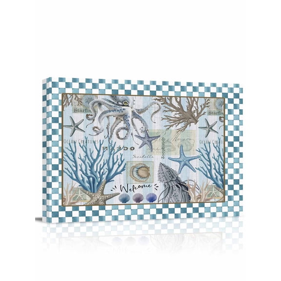 Blue Beach Coastal Wall Art for Living Room,Canvas Picture Wall Decor for Bathroom Bedroom,Nautical Seaside Coral Starfish Painting Artwork for Office Kitchen Hallway Dining Room Home Decor 12"x16"