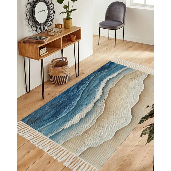 Blue Beach Coastal Washable Area Rug 3'x5', Nautical Seaside Ocean Beige Woven Cotton Tassels Kitchen Rugs, Non Slip Indoor Door Mat Throw Carpet for Entryway Living Room Nursery Laundry Room