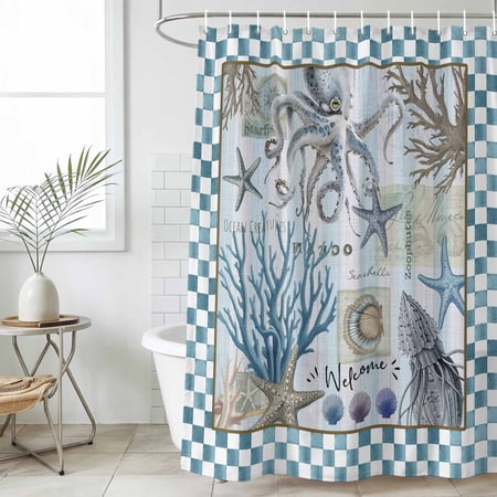 Blue Beach Coastal Waterproof Fabric Shower Curtain,Nautical Seaside Coral Starfish Waterproof Fabric Shower Curtain for Bathroom Curtains Bathtubs Shower Curtains with 12 Hooks Extra Long 72x96