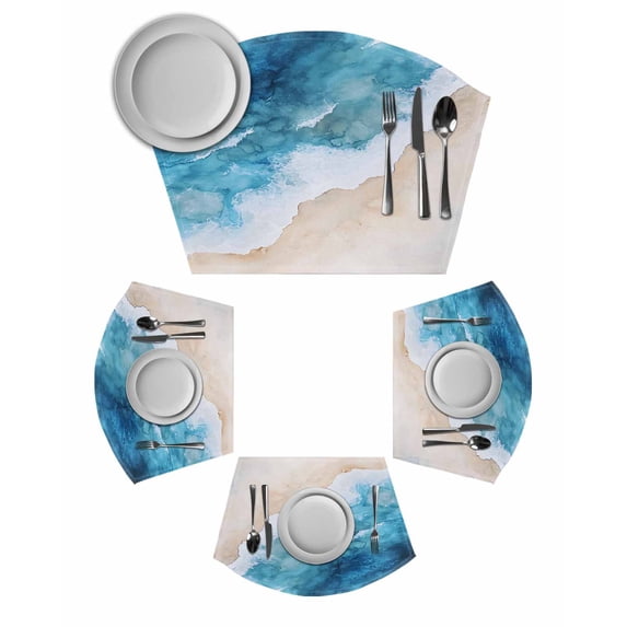Blue Beach Coastal Wedge Shaped Placemats Set of 2, Cotton Linen Fan Place Mats, Summer Ocean Seaside Nautical Washable Table Mats for Holiday Wedding Party Dinning Coffee Tables 11.8"x17.5"