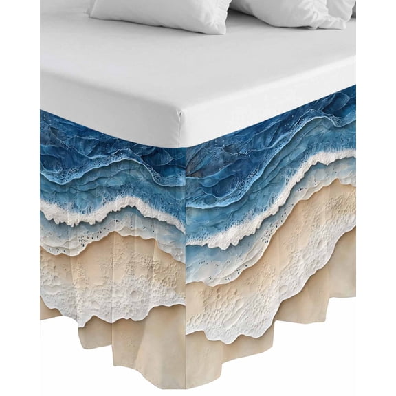 Blue Beach Coastal Wrap Around Bed Skirts for California King Bed 18" Drop,Bed Skirt with Adjustable Elastic Belt Dust Ruffle Bed Valance for Bedroom Nautical Seaside Ocean Beige Bed Frame Cover