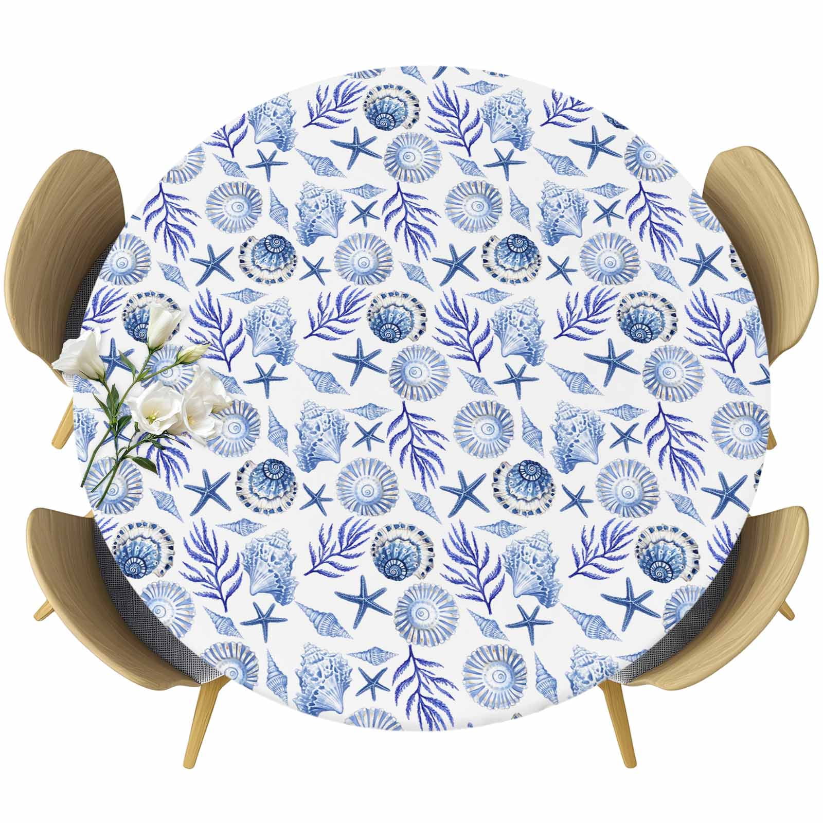 Aperturee Coastal Summer Tablecloth with Blue Conch Shells and Fruit, for Beach House Kitchen and Dining Decor