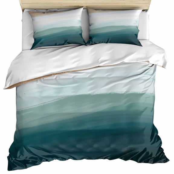 Blue Beach Gradient Bedding 3 Piece Duvet Cover Set Twin Size, Boho Sea Waves Ombre Abstract Soft Microfiber Comforter Cover with Zipper Closure & Pillowcases, Wrinkle & FadeResistant Quilt Cover