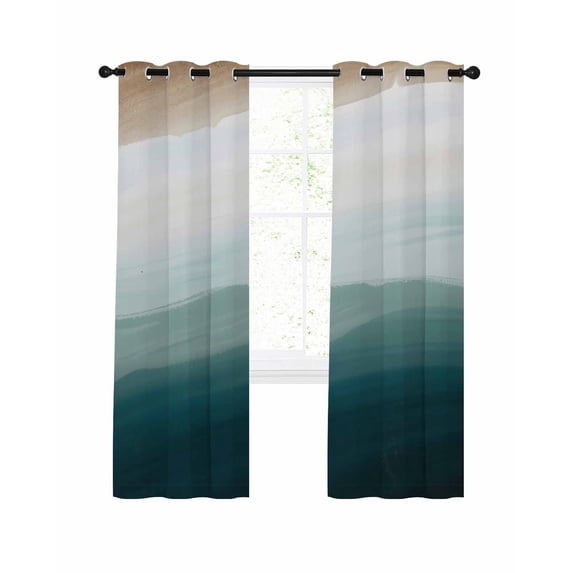 Blue Beach Gradient Blackout Curtains 45 Inches Long for Bedroom, Boho Sea Waves Ombre Abstract Thermal Insulated Room Darkening Black Out Window Curtain Panels Grommet Drapes for Living Room