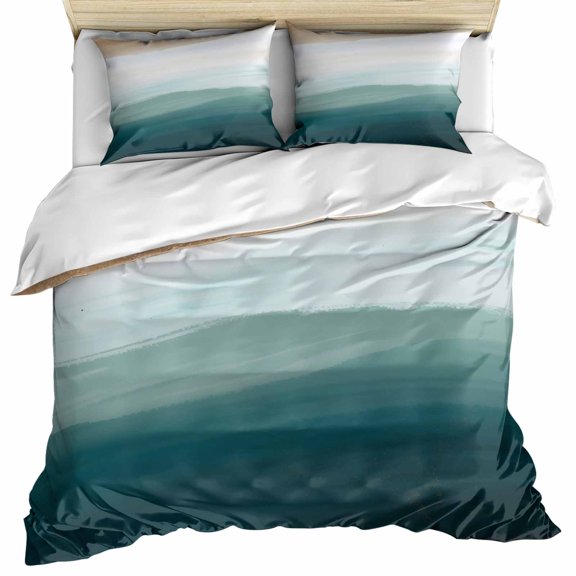Blue Beach Gradient Duvet Cover Twin Size, Boho Sea Waves Ombre Abstract Comforter Cover with Zipper Closure, 3 Piece Bedding Sets 1 Duvet Cover 68x90 Inches and 2 Pillow Shams
