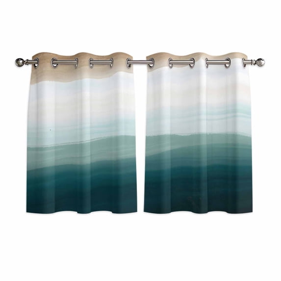 Blue Beach Gradient Kitchen Curtains Short 45 Inch Length, Boho Sea Waves Ombre Abstract Grommet Top Bedroom Living Room Curtains, Light Filtering Cafe Curtain Drapes 2 Panels Set 84''x45''