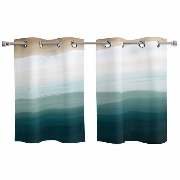 Blue Beach Gradient Kitchen Curtains Small Short 39 Inch Length, Boho Sea Waves Ombre Abstract Grommet Top Bedroom Living Room Curtains, Light Filtering Cafe Curtain Drapes 2 Panels Set 55''x39''