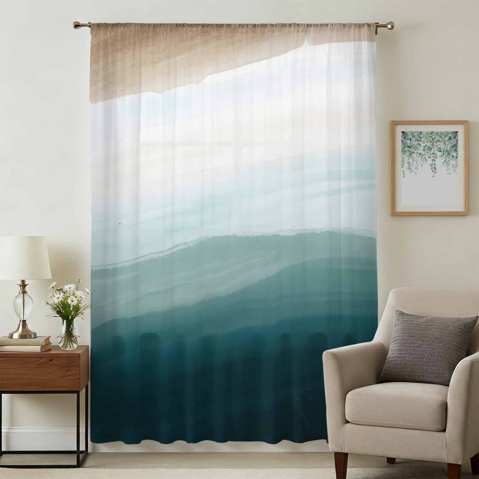 Blue Beach Gradient Sheer Curtains 96 Inches Long, Boho Sea Waves Ombre ...