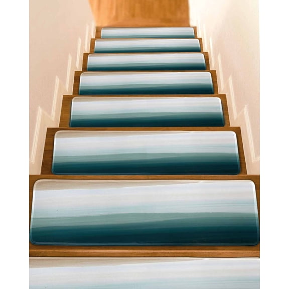 Blue Beach Gradient Stair Treads for Wooden Steps Indoor Runner Rug Carpet, Boho Sea Waves Ombre Abstract 4 Pieces Peel and Stick Staircase Step Treads Covers Washable Throw Door Mats, 30"x8"