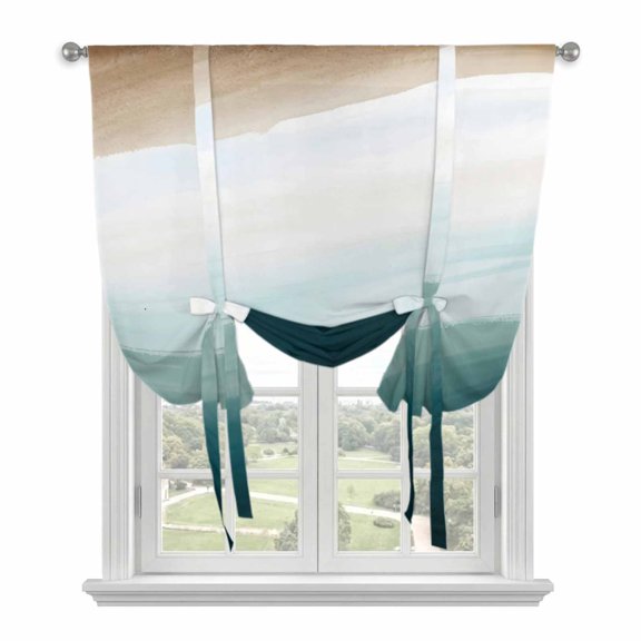 Blue Beach Gradient Tie Up Curtains for Windows, Adjustable Rod Pocket Valance Shade, Boho Sea Waves Ombre Abstract Light Filtering Window Treatment for Kitchen Bedroom Living Room 34"x 45"