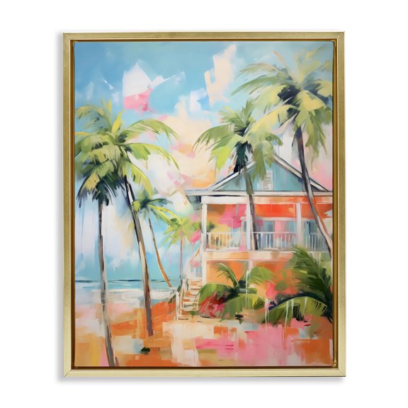 Stupell Industries Blue Beach House Abstract Gold Framed Floater Canvas Wall Art, design by LSR Design Studio, 31 x 25