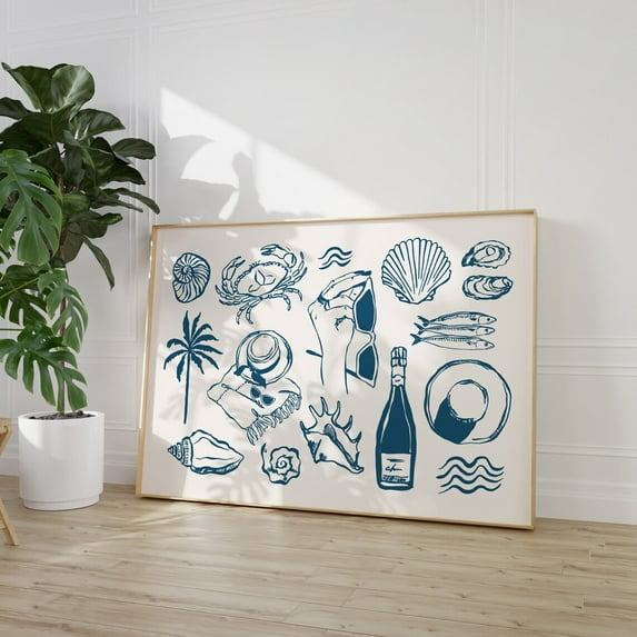Blue Beach House Poster Coastal Summer Wall Art Poster Decor For Living Room Bedroom, Stretched Canvas Size 16x24 F03.1.14l1899