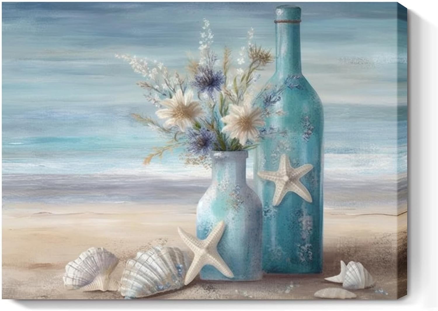 Blue Beach Ocean Floral Bathroom Decor Coastal Seaside Painting Canvas ...