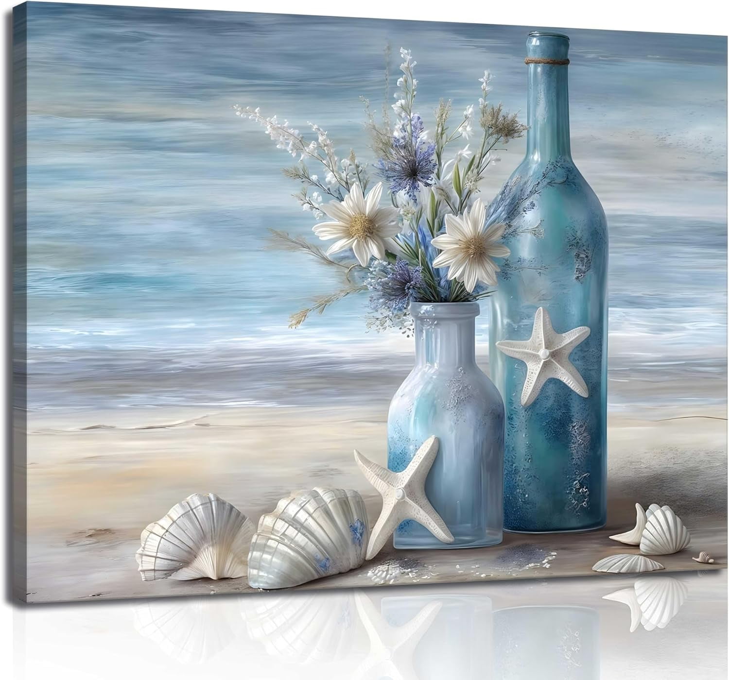 Blue Beach Ocean Flower Canva Wall Art Coastal Seascape Floral Vase ...
