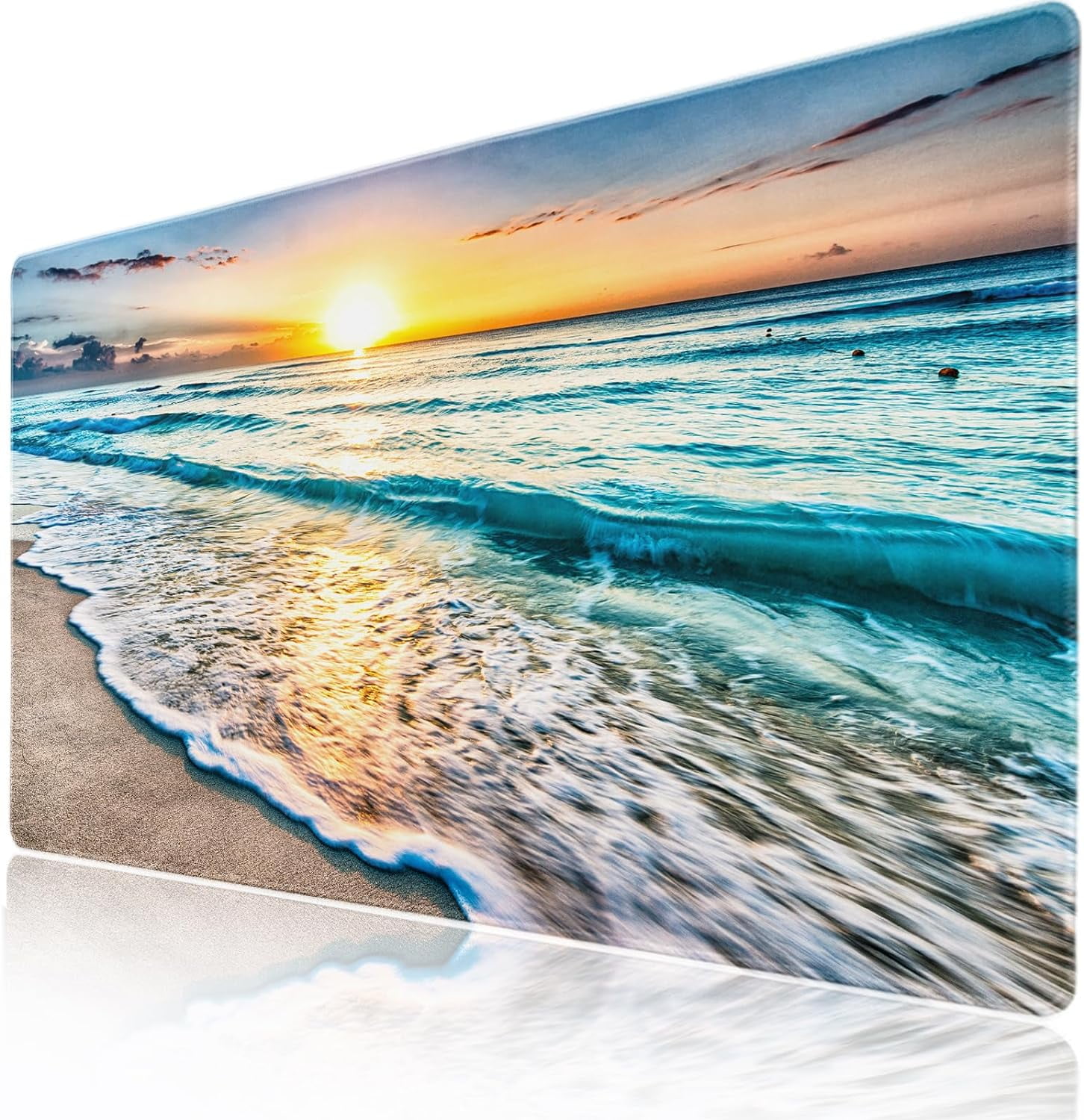 Blue Beach Ocean Gaming Mouse Pad Desk Mat XXL 35.4×15.7 Inch Sunrise Sunset Sea Extended Mousepad 40X90cm with Non-Slip Rubber Base Stitched Edge Large Desk Pad for Gamer Office Home Work