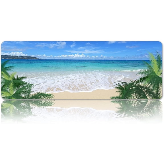 Blue Beach Palm Gaming Mouse Pad XL, Sunny Sky Clouds Landscape Large Mousepad Office Decor Desk Mat, Non-Slip Rubber Base Keyboard Mouse Mat, 31.5 x 11.8 Inch