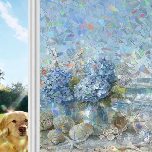 Blue Beach Rainbow Window Privacy Film, Scenery Hydrangeas Floral Starfish Shell Wave Stained Glass Window Film, Sun Blocking Glass Clings Static Cling Non Adhesive Door Stickers 19.6 x 39.3 Inches