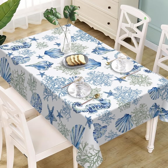 Blue Beach Rectangle Tablecloth 60 x 120 Inches, Coastal Sea Conch Coral Seahorse Starfish Decorative Dining Table Cloth, Spring Summer Seasonal Ocean Dinner Table Cover Picnic Party Decoration