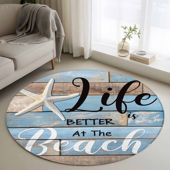 Blue Beach Round Area Rug 3.3 FT, Non Slip Small Entryway Kitchen Mat, Coastal Starfish Graffiti Retro Wooden Plank Washable Soft Circular Rug Non-Shedding Door Mat for Bathroom Playroom Kids Room