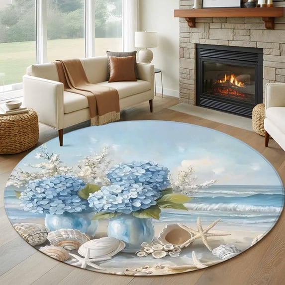 Blue Beach Round Living Room Rugs 7 ft, Scenery Hydrangeas Floral Starfish Shell Wave Washable Area Rug with Non-Slip Sturdy Edge Binding Round Carpet for Kitchen Office Bedroom