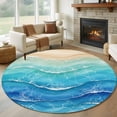 thumbnail image 1 of Blue Beach Round Living Room Rugs 8 ft, Modern Abstract Art Watercolor Gradual Blue Green Teal Waves Washable Large Area Rug Non-Slip Sturdy Edge Binding Round Carpet for Dining Room Kitchen Office, 1 of 9