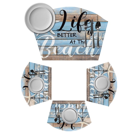 Blue Beach Round Table Placemats Set of 2 Wedge Placemats, Coastal Starfish Graffiti Retro Wooden Plank Place Mats for Dining Table Set Washable Mats Kitchen Decor for Indoor Outdoor Wipe Clean