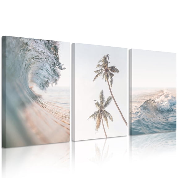 Blue Beach Scene Wall Art Prints, Ocean Waves Palm Trees And Coastal Landscape Set Of 3