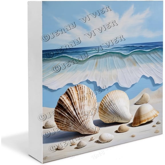 Blue Beach Seashells Wooden Box Sign Gifts for Men Funny Table Decor Table Decor for Party Desk Centerpiece Wood Block Signs For Shelf Desk Decoration 7x7 In