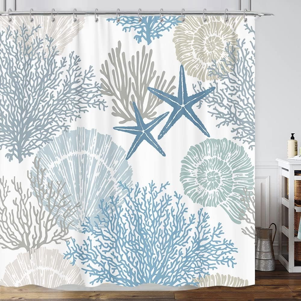 Blue Beach Shower Curtain, Boho Nautical Coastal Ocean Shower Curtains