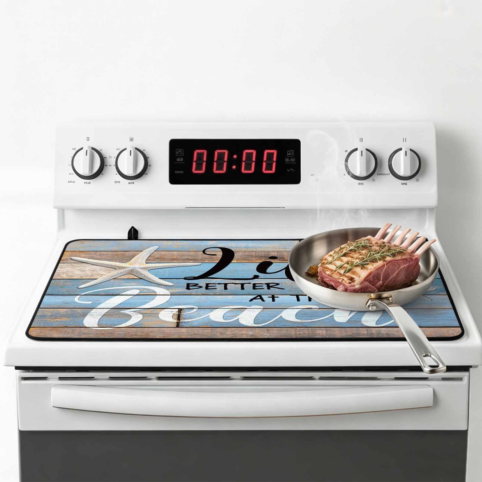Blue Beach Stove Top Cover for Electric Stove, Heat-proof & Non Slip Glass Top Stove Cover Protector, Coastal Starfish Graffiti Retro Wooden Plank Kitchen Flat Cooktop Rubber Mat 24x21 Inches