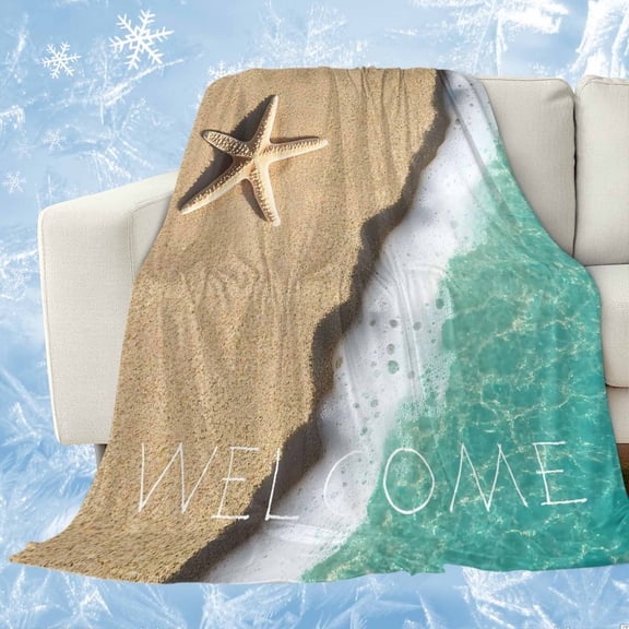 Blue Beach Summer Cooling Blanket, Lightweight Breathable Summer Throw Blanket with Double Sided Cold Effect, Starfish Coastal Waves Natural Picnic Beach Blankets Bed Sheet for Hot Sleepers 40"x60"