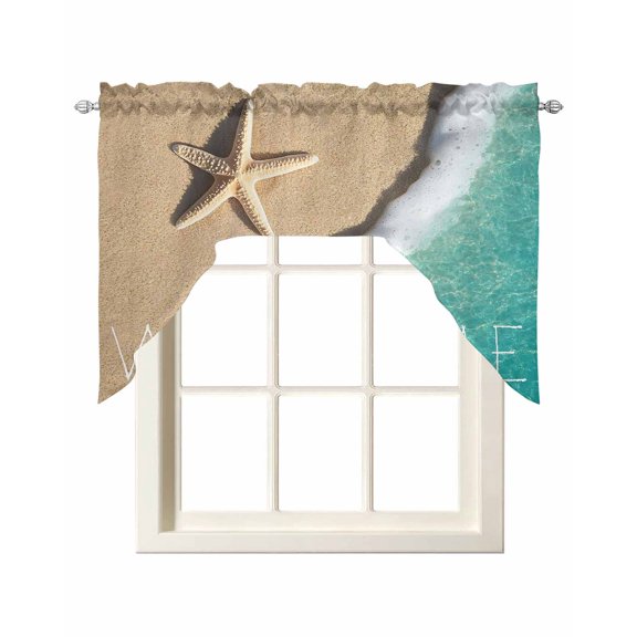 Blue Beach Summer Swag Valances for Windows, Small Curtains Drapes, Starfish Coastal Waves Natural Kitchen Window Curtains Over Sink Rod Pocket Window Treatment Valance for Bedroom/Bathroom 56"x36"