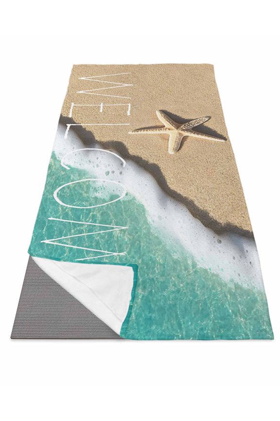 Blue Beach Summer Yoga Towel for Hot Yoga Non Slip, Starfish Coastal Waves Natural Yoga Mat Towel Absorbent Yoga Sweat Towels Microfiber Hot Yoga Blanket for Bikram Pilates 26"x70"
