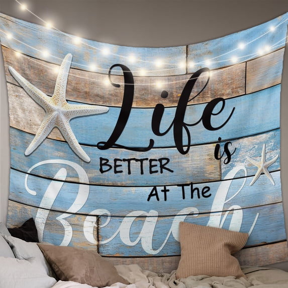 Blue Beach Tapestry for Bedroom Wall Hanging Tapestry, Coastal Starfish Graffiti Retro Wooden Plank Ceiling Backdrop Tapestries Poster Blanket Wall Decor for Teens Room Living Room Dorm 59" x 90"