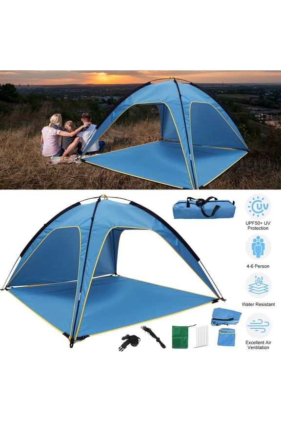 Blue Beach Tent UPF 50 Plus UV Protection 4 to 6 Person Portable Outdoor Camping Tent with 3 Openings and Detachable Bottom