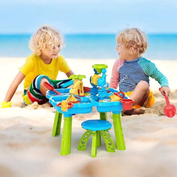 Blue Beach Theme 4-in-1 Sand and Water Table Set with Stool, Slide, Bucket, Animal Models, and Tools, Sensory Play Toy for Kids Ages 3+, Ideal Outdoor Activity Gift for Boys and Girls