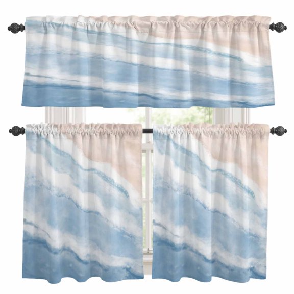 Blue Beach Waves Kitchen Curtains Set for Windows, Nautical Coastal Abstract Gradient Ocean Wave Curtains Valance and Tier 3 Piece Set Small Drapes 24 Inch Length for Kitchen Bedroom Decor
