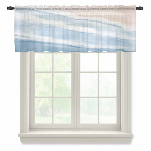 Blue Beach Waves Sheer Valances for Windows, Nautical Coastal Abstract Gradient Ocean Wave Semi Sheer Kitchen Valance Rod Pocket Small Voile Window Curtains for Living Room Bedroom 54 x 18 Inch